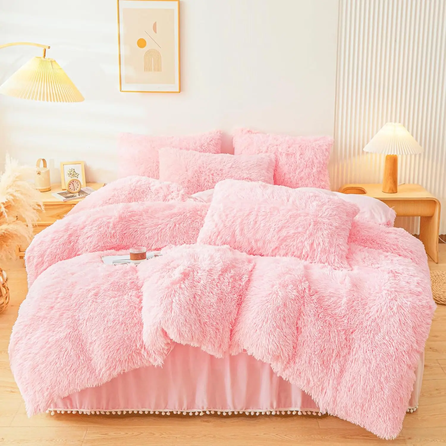 Pink Faux Fur Comforter Cover Set,Fuzzy Plush Bedding 3Pcs (1 Faux Fur Duvet Cover +2 Fuzzy Pillowcases) Bed Set (Pink, Queen)