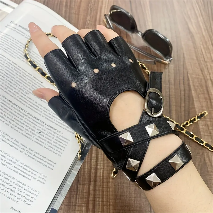 Gothic Rivet Wrap Wrist Half-Finger Gloves for Women, Dark Cyberpunk Anime Stage Performance Gloves