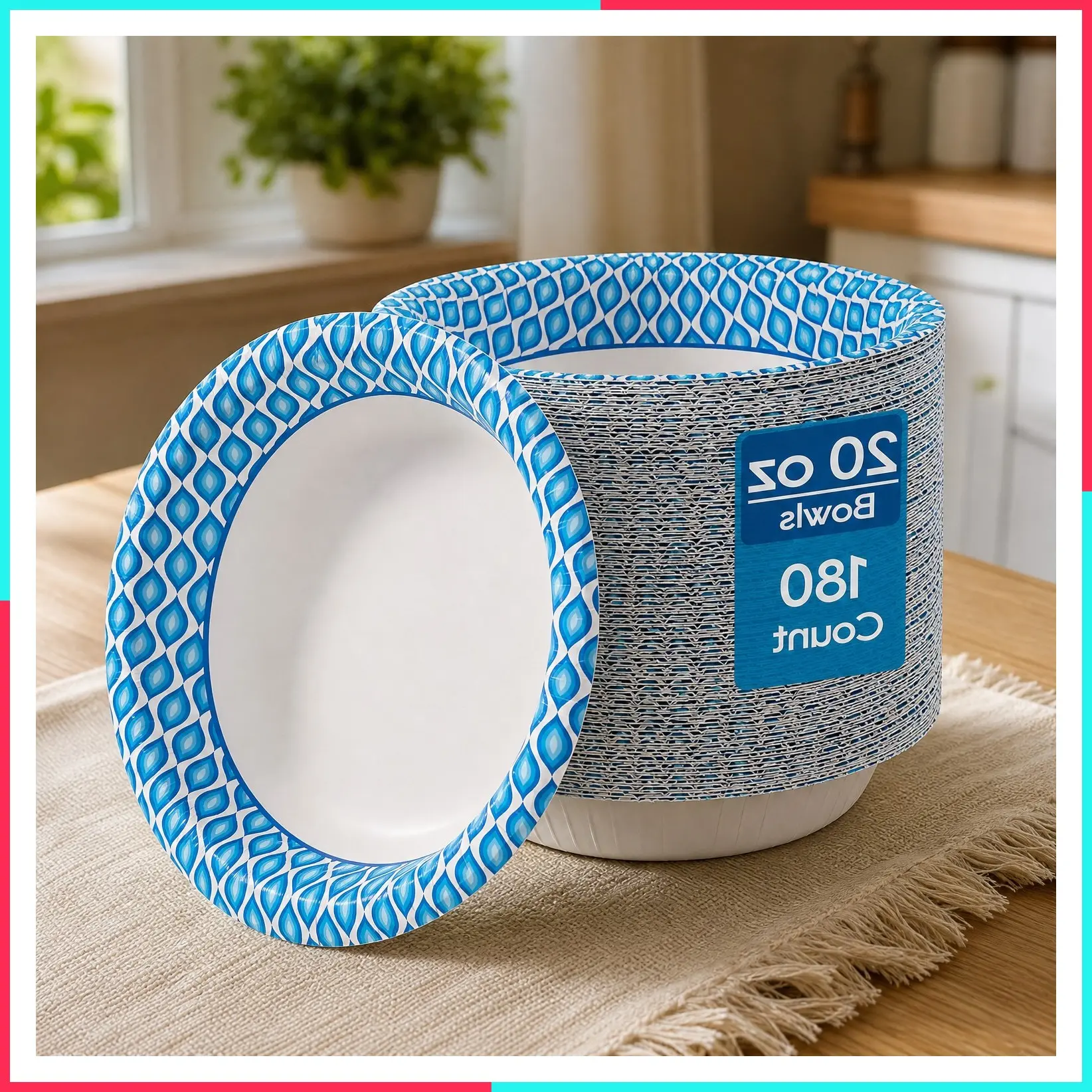 20 oz Disposable Paper Bowls, 180 Count, Printed Soak Proof Large Bowls for Breakfast, Lunch, and Dinner Meals