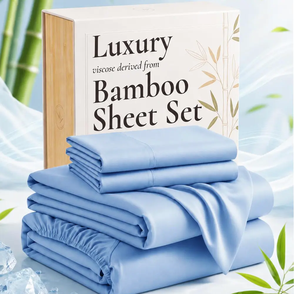 SASTTIE Luxury Bamboo Viscose Bamboo Bedding Set, 3/4 Pieces Cooling Sheet Set with Fitted Sheet & Pillowcases, Smart Four Season Cooling Breathable Bed Sheets for Chrismas Decoration Home Bedroom Decor