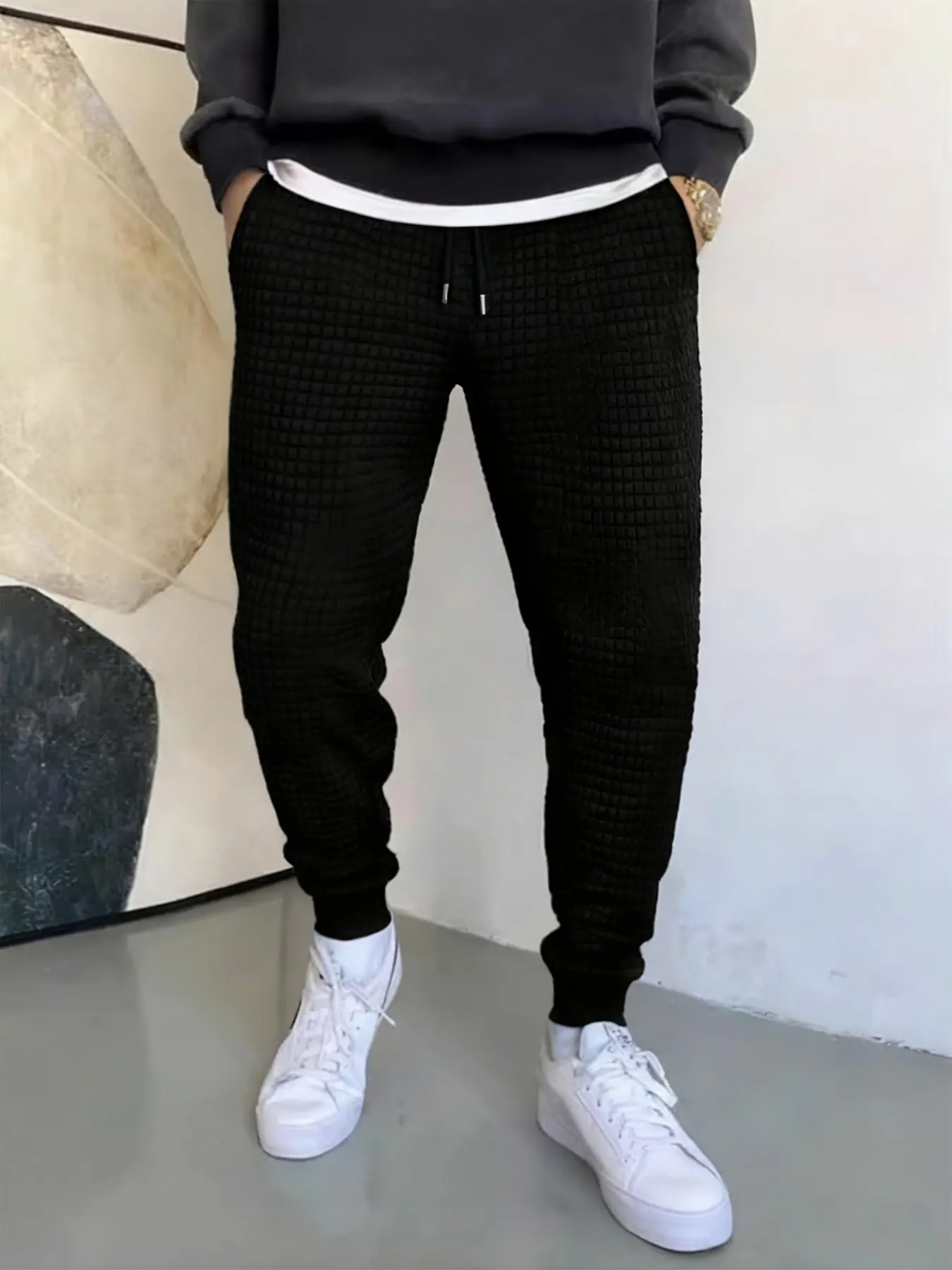 Men's Waffle Knit Sporty Sweatpants, Spring & Fall Quick-Dry Breathable Gym Running Pants, Drawstring Elastic Waist Joggers Trousers with Side Pockets