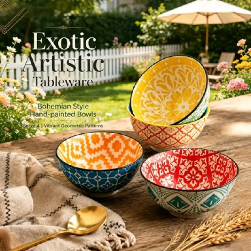 Ins Style Bohemian Colorful Ceramic Rice Bowls 4 Pieces Set, Exotic Hand Drawn Pattern Serving Tableware, Durable Dishwasher Safe Bowls for Home Dining, Cafe Decor and Daily Food Storage Use