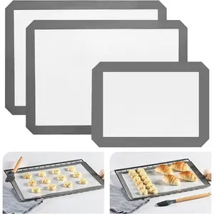 Baking Mat Set of 3, 2 Half Sheets (16.5"x11.6") + 1 Quarter Baking Sheet Reusable Silicone Cooking Mat, Free Baking Sheet for Cookies, Macarons Bread & Pastry