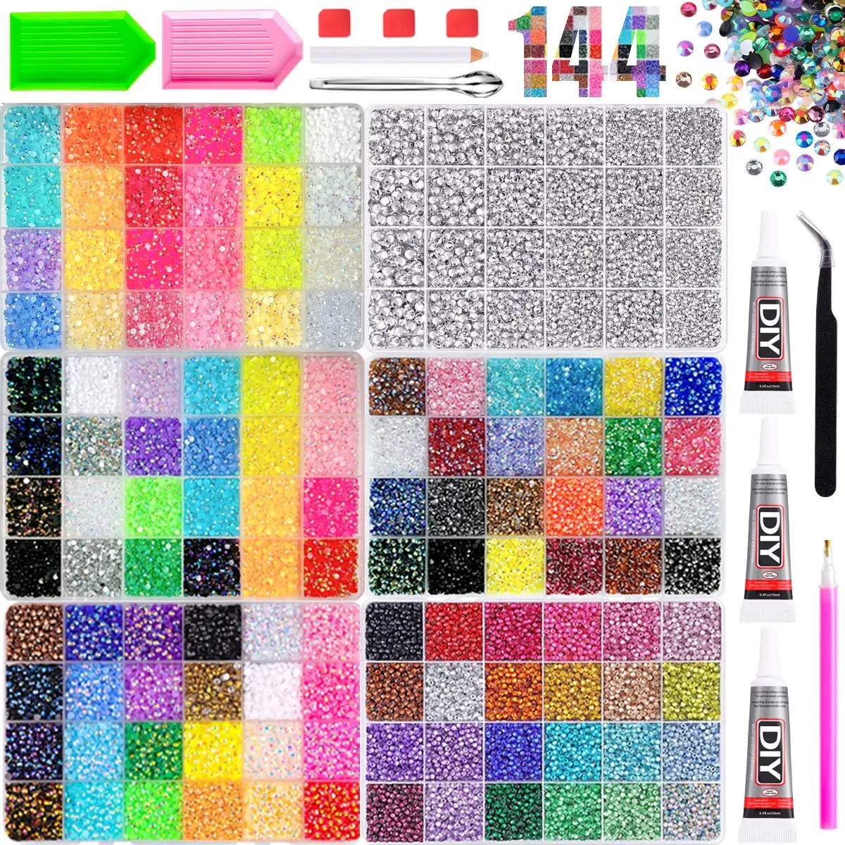 144 Grids Bling Colorful Flatback Semi-circular Resin Nail Rhinestone Creative Multi-colors Jelly Resin Crystal Nail Gems Diamond Bedazzling Kit DIY Nails Art Designs for Beginner Nail Set