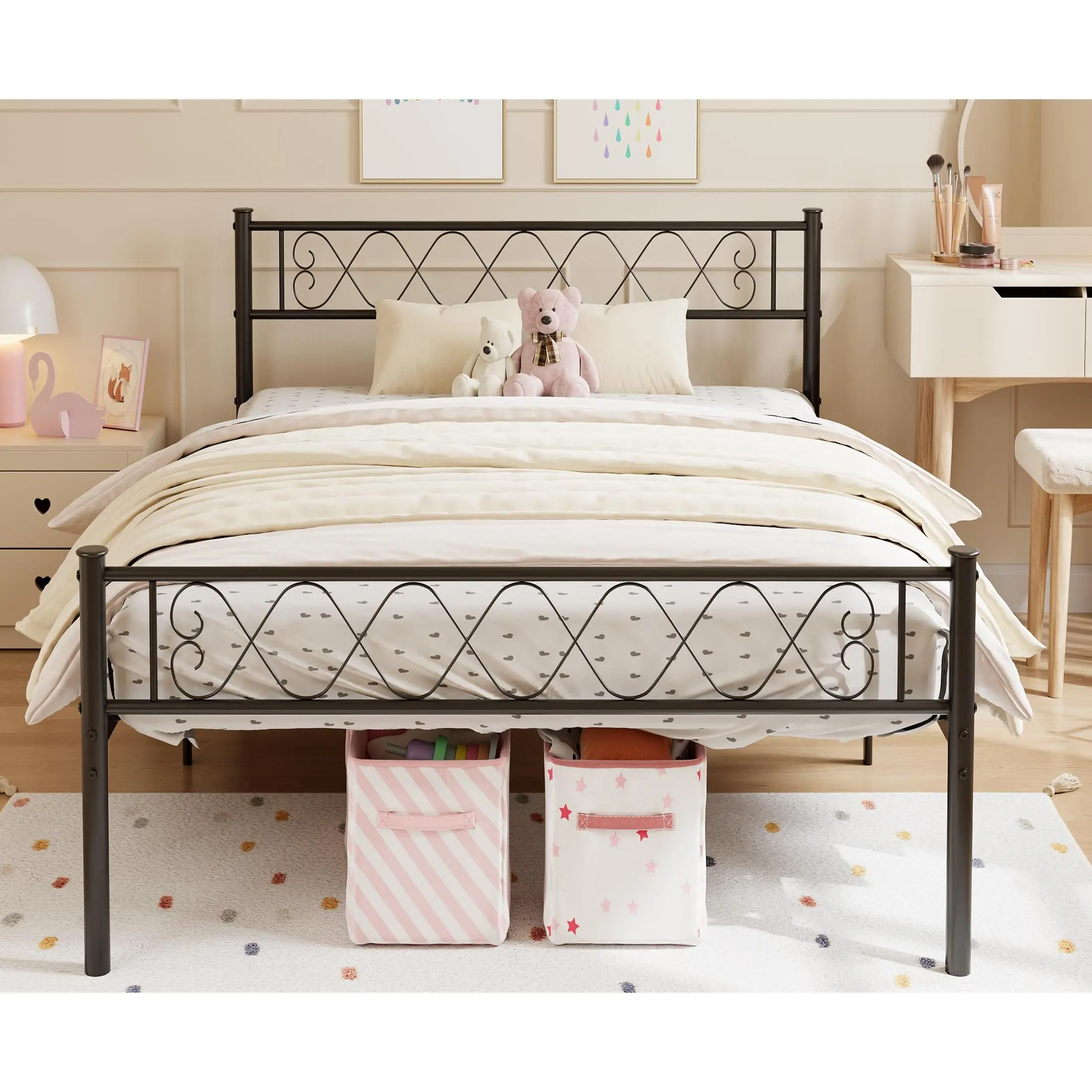 Heart-Shaped Metal Bed Frame with Headboard & Footboard - Strong Steel Slat Support, Underbed Storage, Easy Assembly - Platform Bedroom Furniture