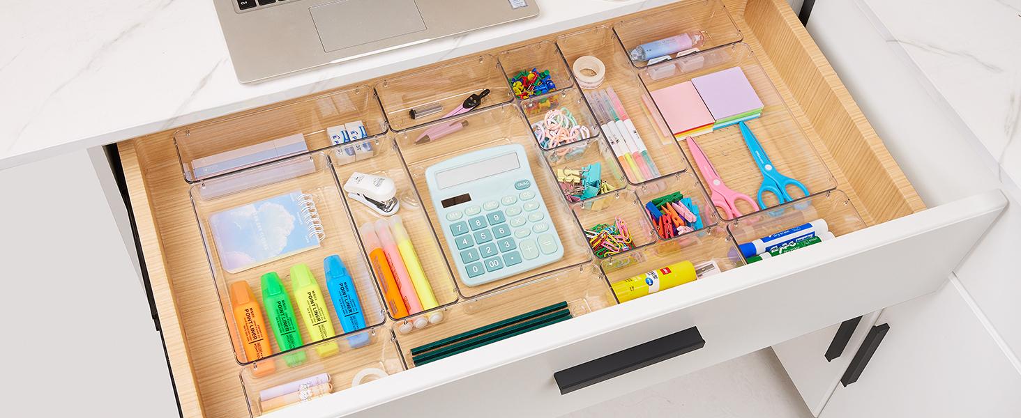25 PCS Clear Plastic Drawer Organizers Set, 4-Size Versatile Bathroom and Vanity Drawer Organizer Trays, Storage Bins for Makeup, Bedroom, Kitchen Gadgets Utensils and Office