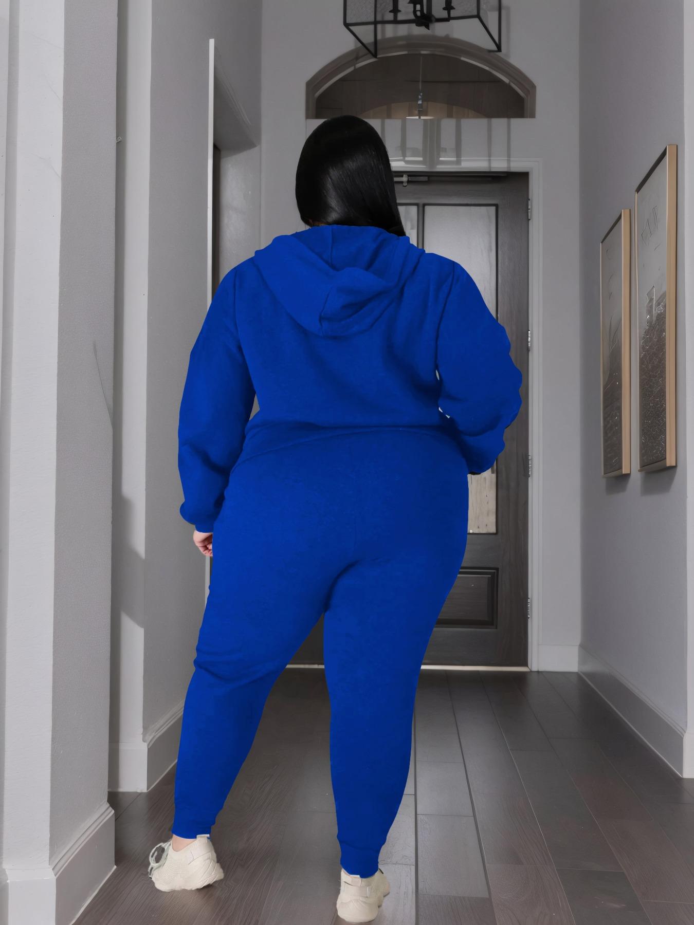 【Plus Size】 Two-Piece Set Solid Zip Up Hooded Sweatshirt & Drawstring Waist Pants, Casual Long Sleeve Hooded Sweatshirt & Pocket Trousers for Daily Wear, Women's Two-piece Outfits for Fall & Winter, Clothing Sets