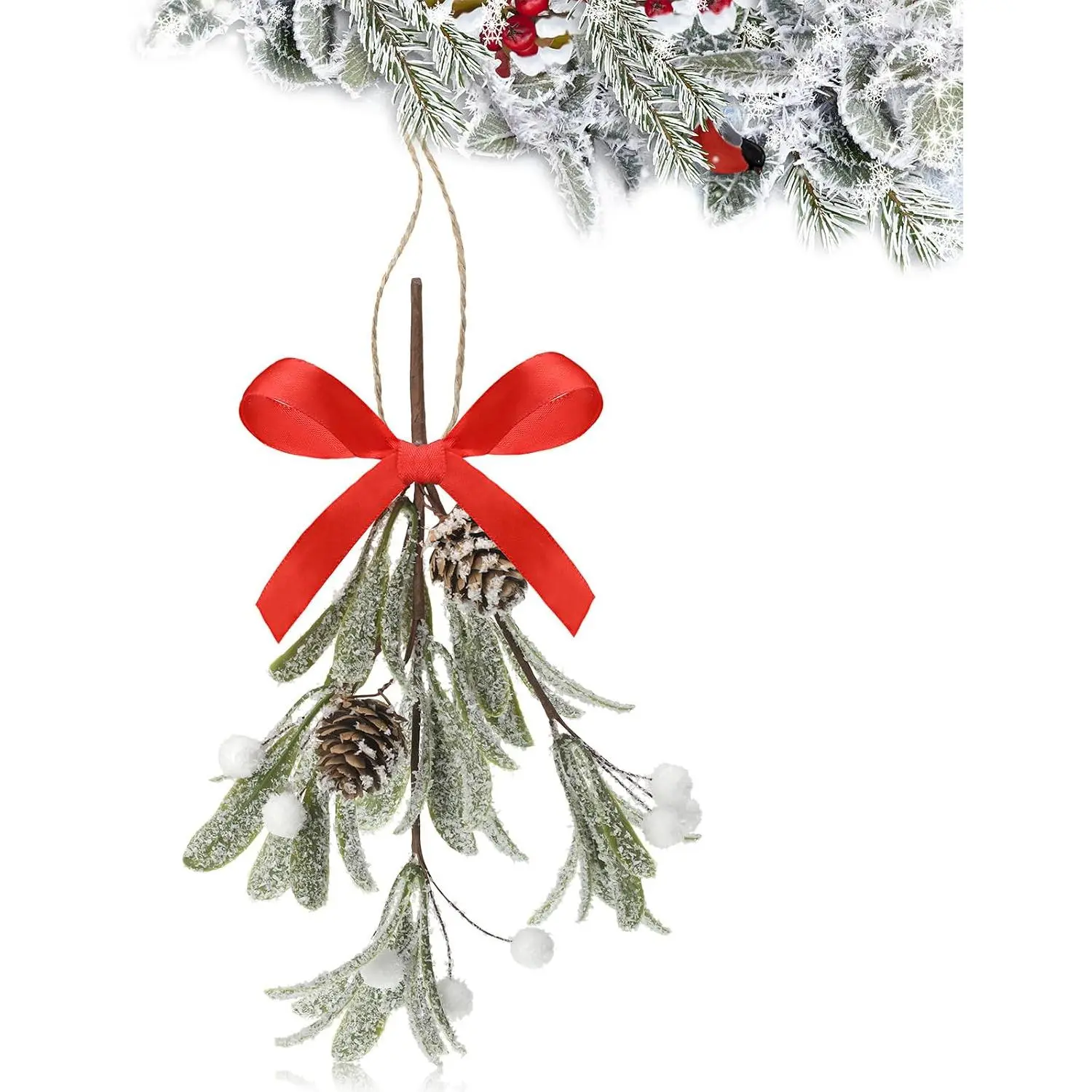 1 count Christmas Artificial Mistletoe Ornament with Bow Christmas  Mistletoe Decoration Bouquet Floral  Pine Cones Holiday Decor Ornament Bouquet (Classic Style,Red)