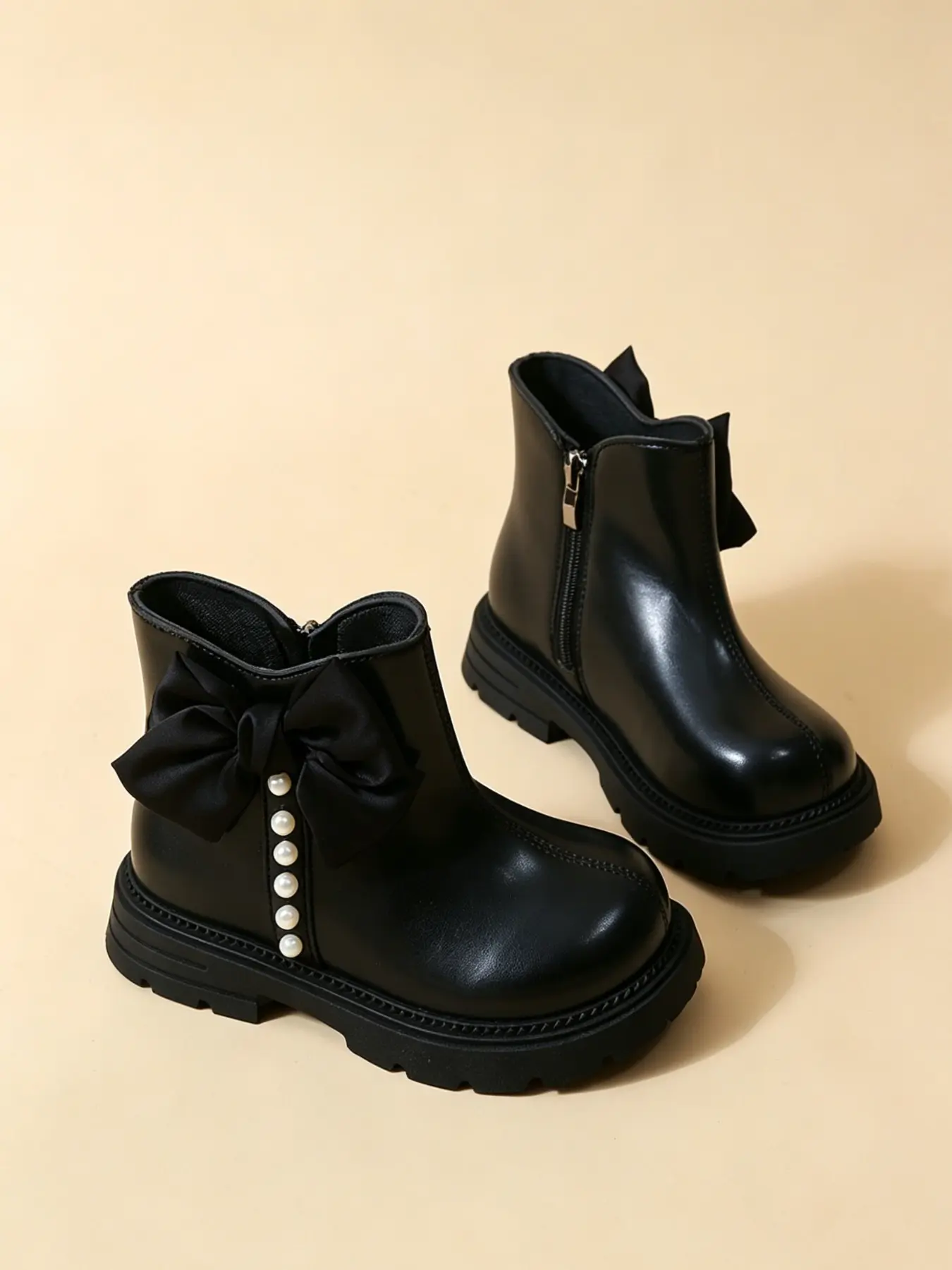 Sweet Pearl Bow Girl Short Boots, Waterproof Soft PU Leather, Side Zipper, Outdoor Anti-Slip, Fall & Winter Warm Snow Boots
