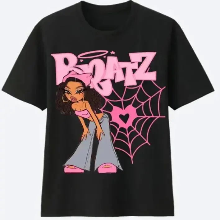 Y2K Pink Bratz Girl Spider Web Heart Graphic Tee Women Vintage Black Cotton Short Sleeve T-Shirt 90s Retro Aesthetic Casual Streetwear Top