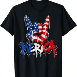 Merica Rock On Hand Patriotic T-Shirt | Red White Blue Drip Graffiti USA Flag Inspired Tee | 4th of July Independence Day Streetwear Tee for Men Women