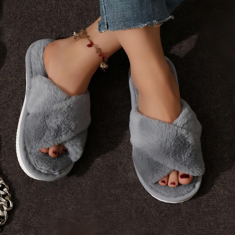 Cross Warm Fluffy Furry Slippers Women Lightweight Flat Heels Fur Slides Woman Autumn Winter Open Toe Non Slip Home Floor Shoes