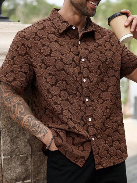 Men's Casual Short Sleeve Shirt with Rose Pattern, Casual Party Shirt, Retro Luxe Textured Coffee Shirt for All Seasons, Great Gift for Boyfriends