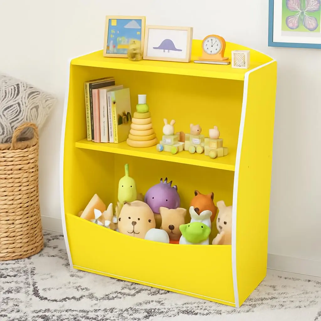 Kids Bookshelf and Toy Organizer, 2 Tier Wood Toy Storage Organizer for Kids Rooms, Children Bookcase, Book Display Shelf for Playroom, Nursery,Yellow/Pink/Blue