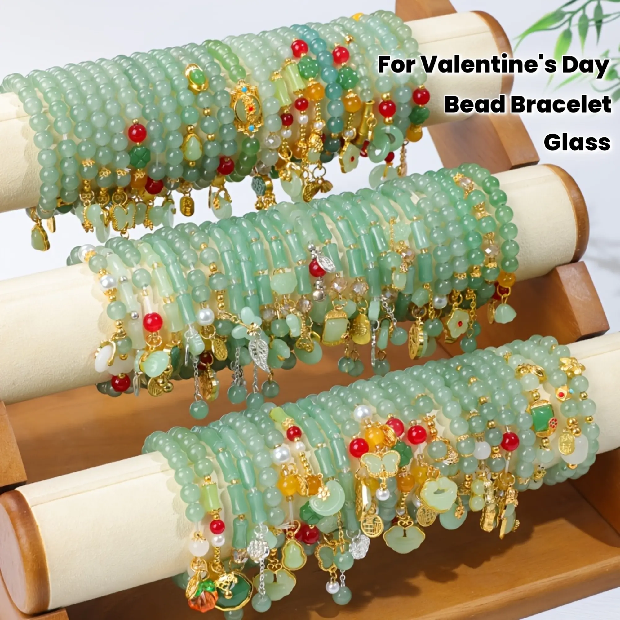 Boho Casual 12Pcs Crackle Glass Bead Bracelets Mixed Set, Green Sparkling Beads with Floral Lucky Alloy Pendants, Unique Niche Stackable Design for Valentine’s Day, Birthday, Bracelet Stack, Boho Mix, Everyday