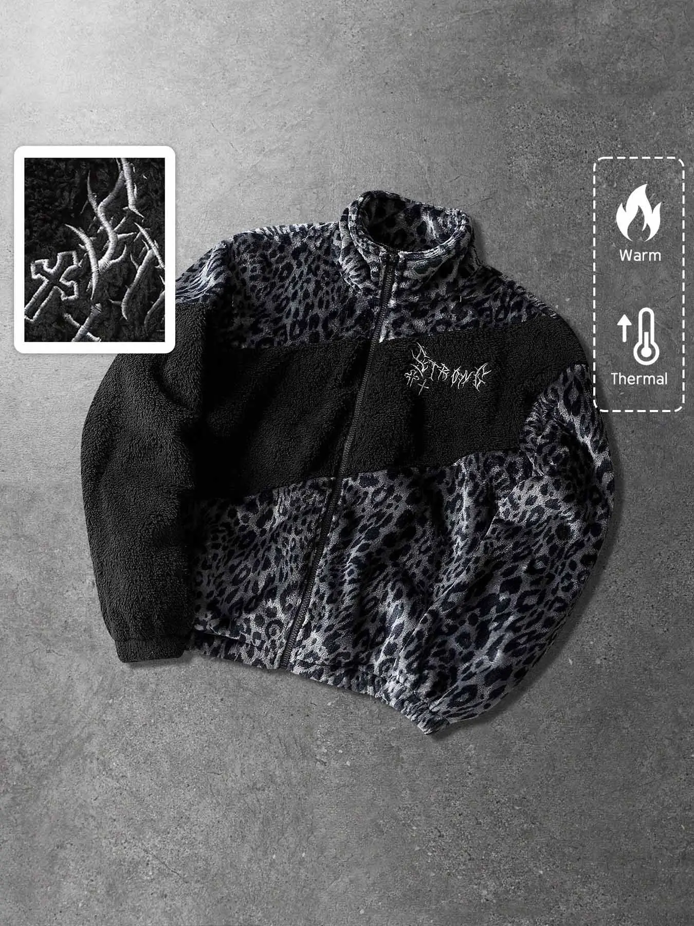 Y2K Gothic Leopard Print Fleece Jacket, Punk Street Style, Full Zip Stand Collar, Warm Coat for Teens, Urban Streetwear, Skateboarding
