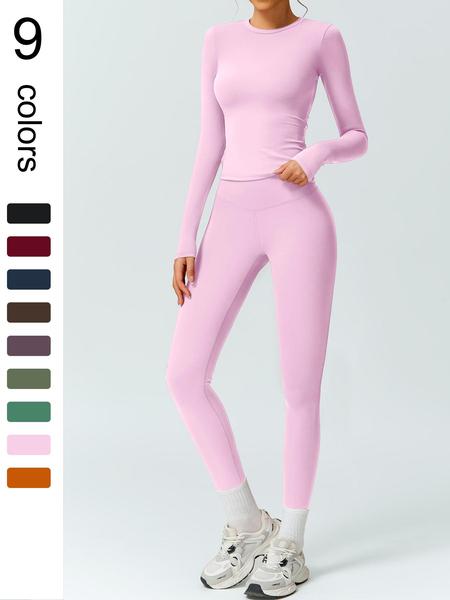 Women's Solid Color Long Sleeve Tee & High Waist Leggings Workout Set, Sporty Comfy Breathable Outfits for Gym Running, Workout Running Clothes, Ladies Fall & Winter Sportswear