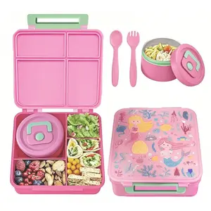 Kids Bento Lunch Box Set With 8oz Soup Thermo, Leakproof Lunch Containers with 5 Compartment, Thermo Hot Food Jar and Insulated Lunch Bag, BPA Free,Travel, School -Blue and Pink Portable Stainless Steel Electric Lunch Box