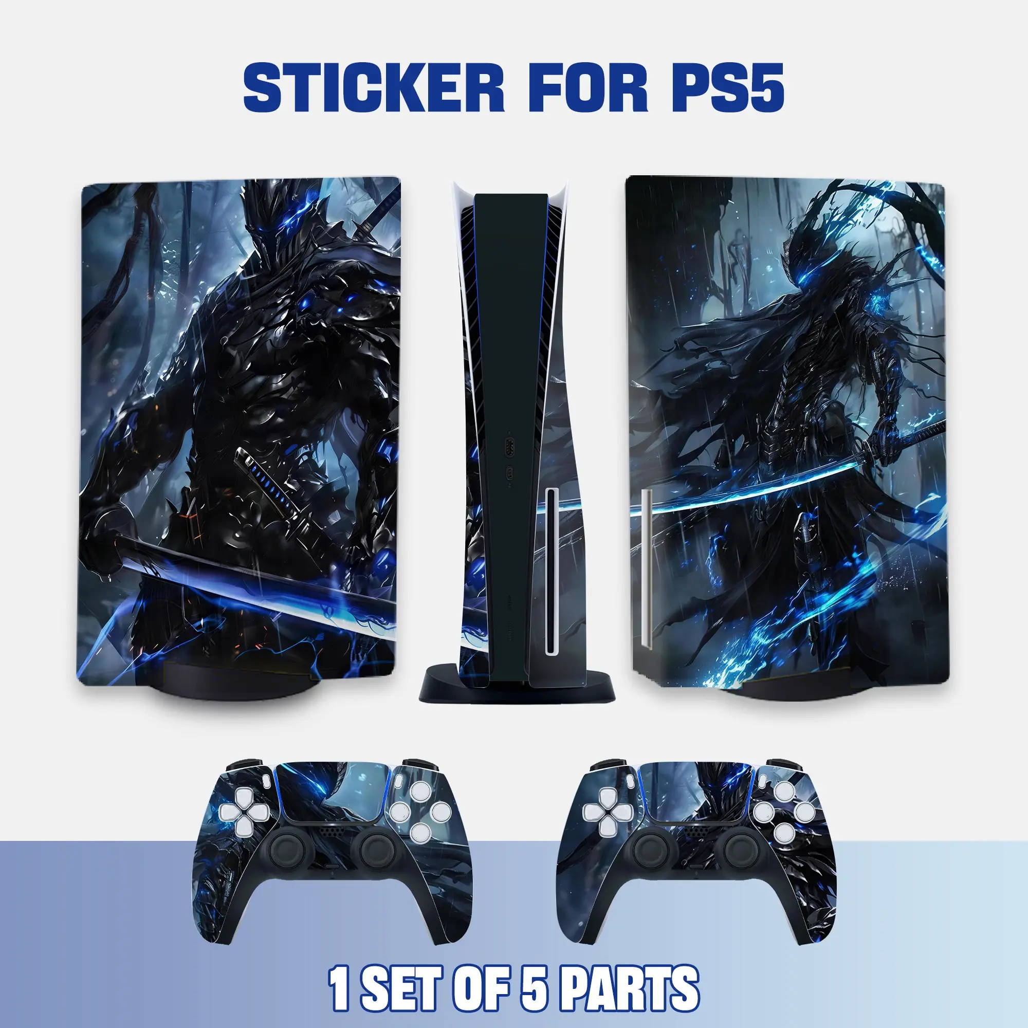 Dark Blue Flame Samurai Style PS5 Disc Edition Vinyl Skin Sticker for Console & Controllers, Waterproof, Scratch-Resistant, Dustproof, Removable & No Residue