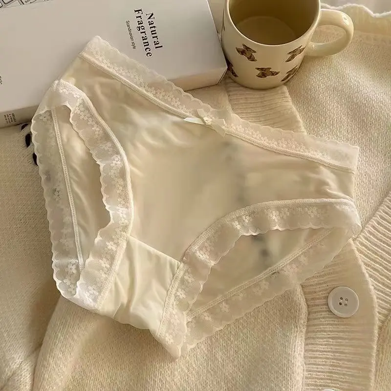 Women's lace panties, seamless ice silk, pure cotton crotch, sexy mid-waist, breathable women's briefs
