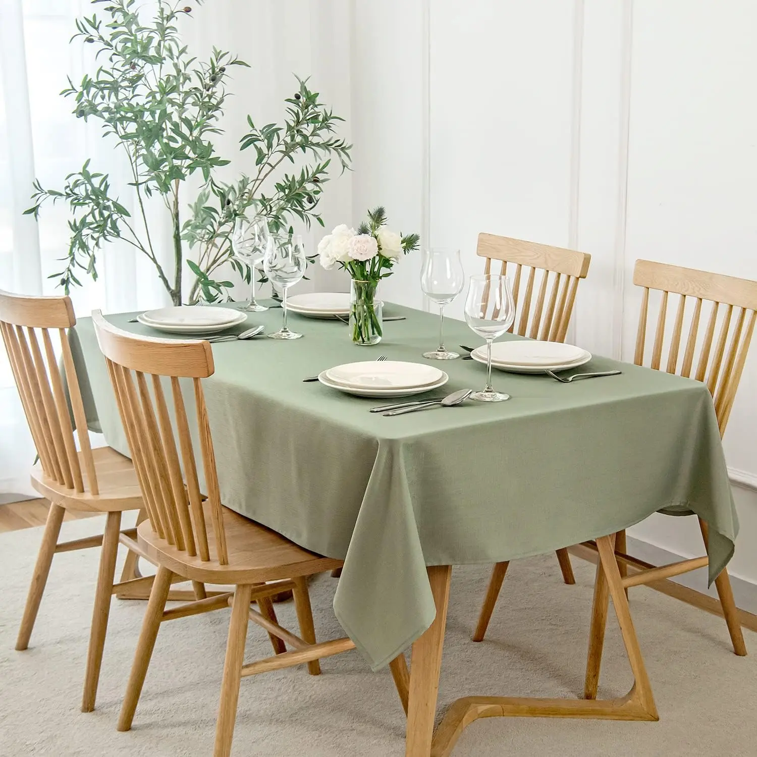 Rectangle Slubby Textured Tablecloth Waterproof Spillproof Wrinkle Free Table Cloth, Kitchen Dining Room Decoration, Fabric Table Cover for Holiday Party Dinner, 52 x 70 Inch, Sage Green