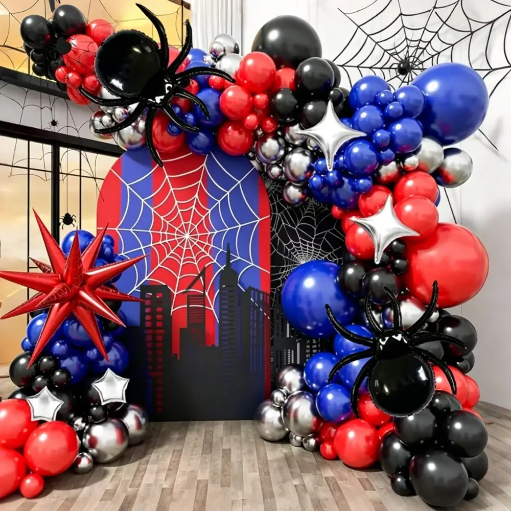 145pcs Cartoon Spider Balloon Garland Set, Blue Balloons, Includes Balloon Glue Dots and Chains, Perfect for Kids Birthday Parties