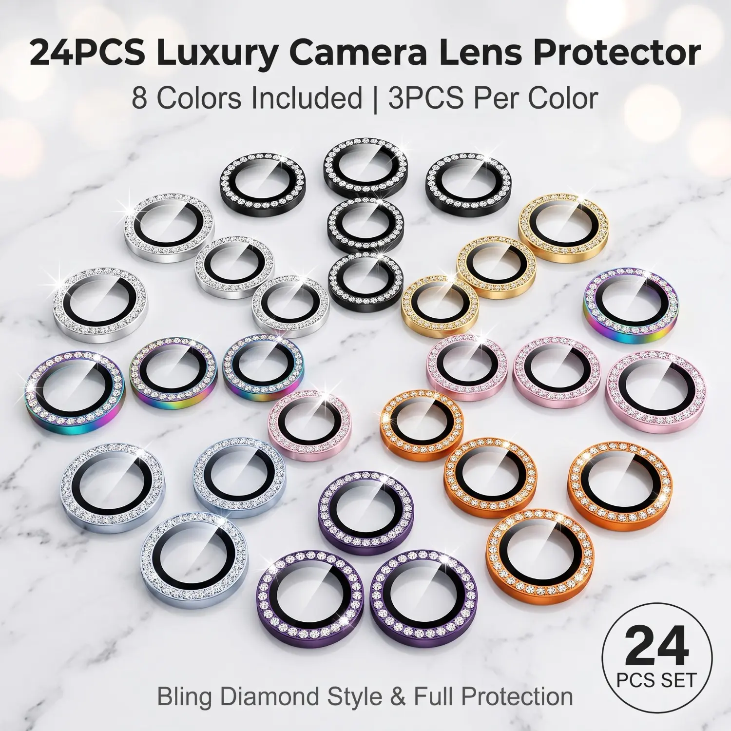 24PCS 8 Colors 3PCS Each Diamond Inlaid Camera Lens Protector with Metal Ring Tempered Glass for iPhone 17 Pro Max 16 15 14 13 12 11 All Models Scratch Resistant Durable High Quality Phone Accessory Fashion Elegant for Tech Lovers