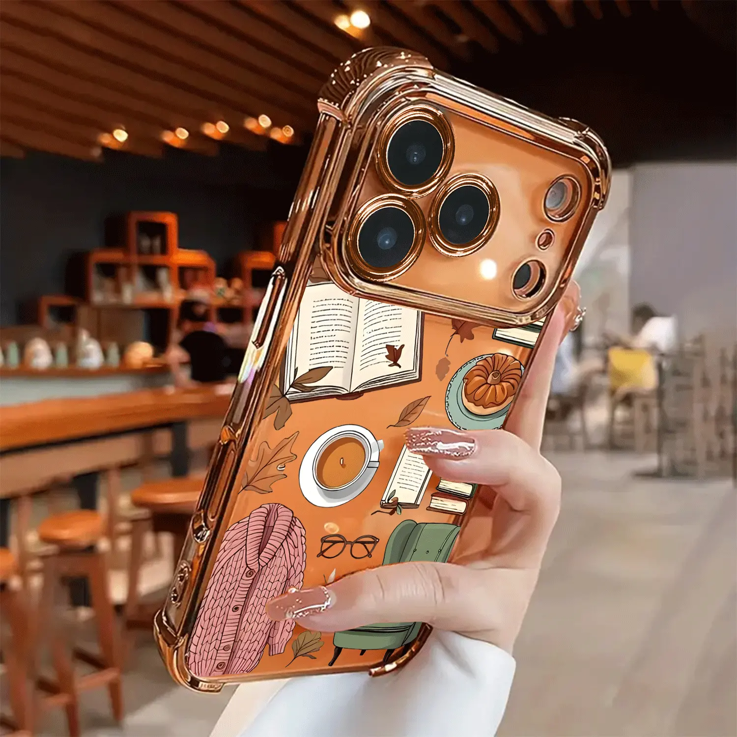 Cottagecore Autumn Aesthetic iPhone Case, Cozy Fall Book Coffee Sweater Maple Leaf Ditsy Print Cover for iPhone 17-11 Pro Max Plus, Shockproof Corner Electroplated TPU Accessories, Durable Protection
