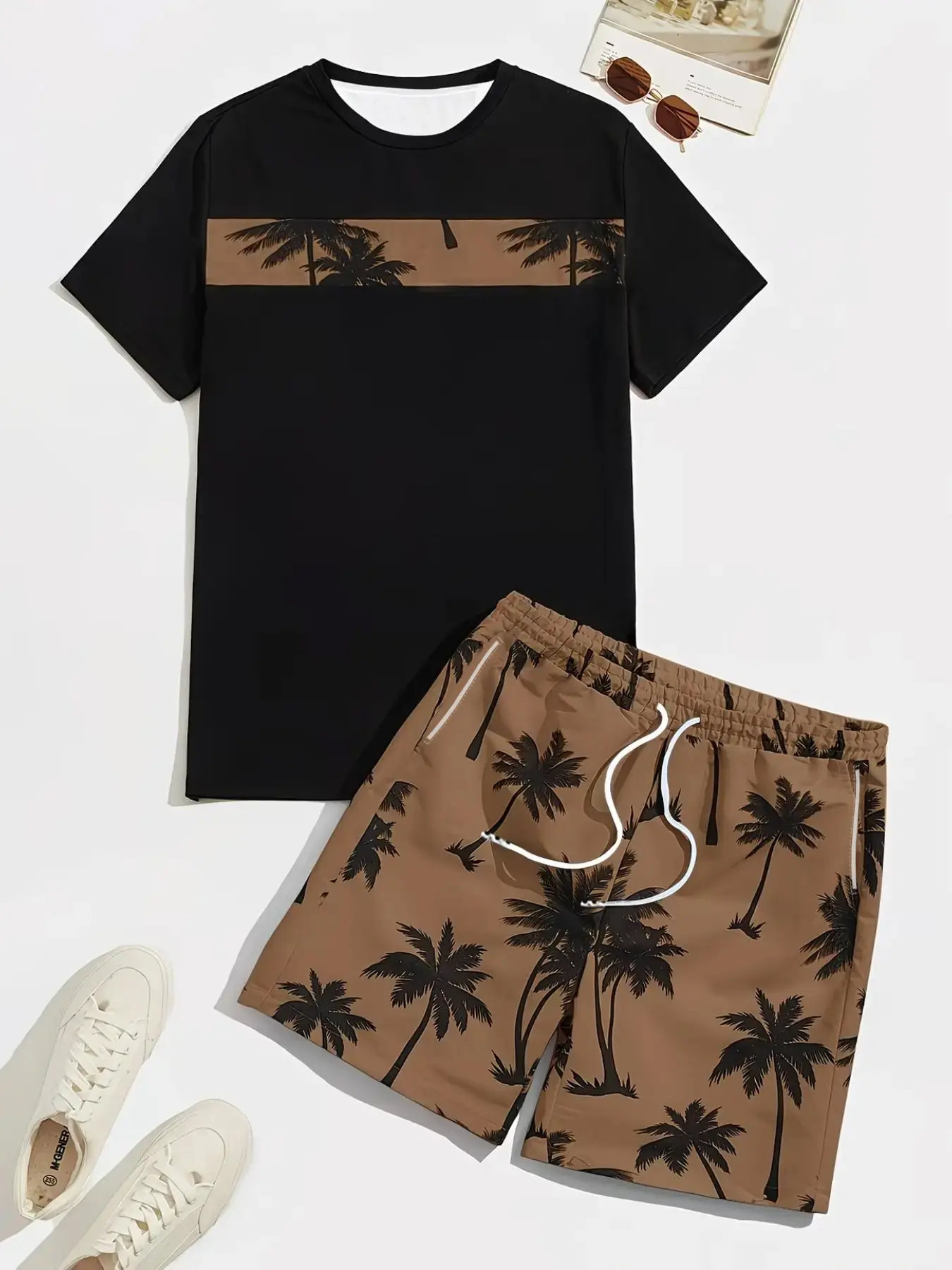 Men's Summer Cool Vacation Two-Piece Set, Colorblock Palm Tree Print Tee, Beach Surf Casual, Breathable Fabric, Round Neck T-Shirt, Drawstring Shorts，Unisex (Recommended ordering one size up),  shirt set for men,deals of the day