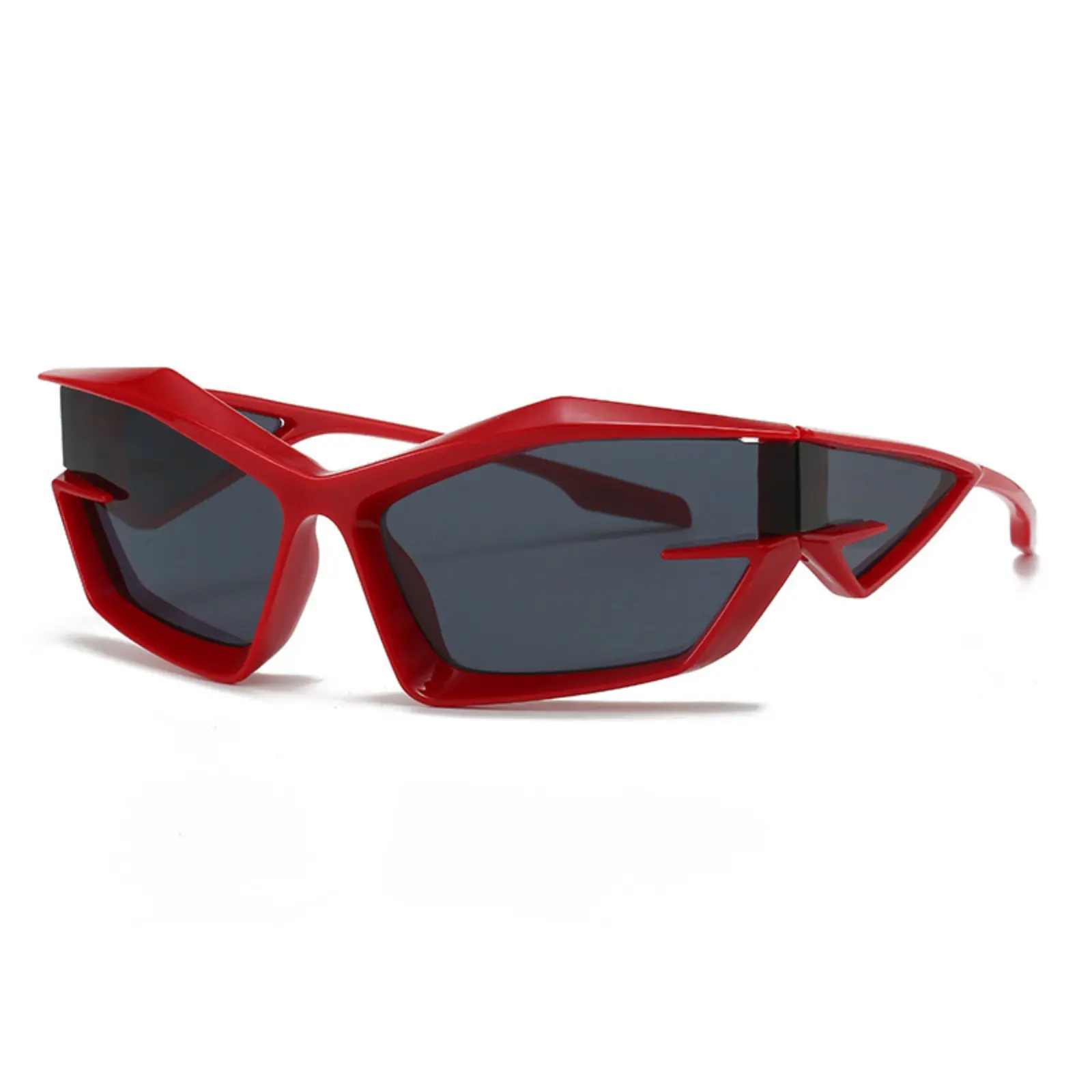 Y2K Futuristic Sunglasses, Men Women Irregular Sharp Cat Eye Shades, Cyberpunk Hollow Angular Frame Sun Glasses, Trendy Red Wrap Around Fashion Eyewear, UV Protective Lightweight Street Glasses, For Hip Hop Club Party Photoshoot Daily Outdoor Matching