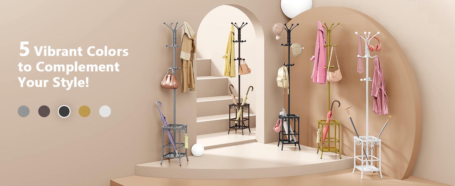 Coat Rack Freestanding, Coat Tree with Umbrella Holder, Metal Coat Rack Stand with 12 Hooks, Standing Coat Hanger Stand, Umbrella Stand for Entryway, Hat Rack Stand for Home Office, Black