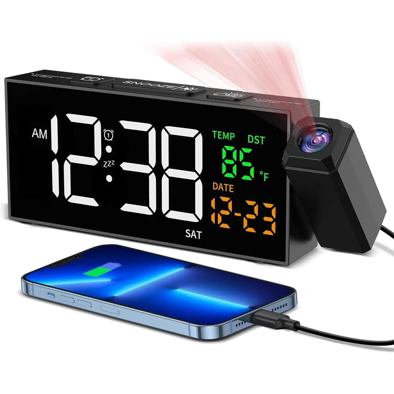 Projection Clock for Bedroom Ceiling,  Clocks Black | 180° Rotatable Projector, Date Temperature and Weekday, 5 Brightness, 10 Ringtones, 4 Volumes, Manual DST, Snooze