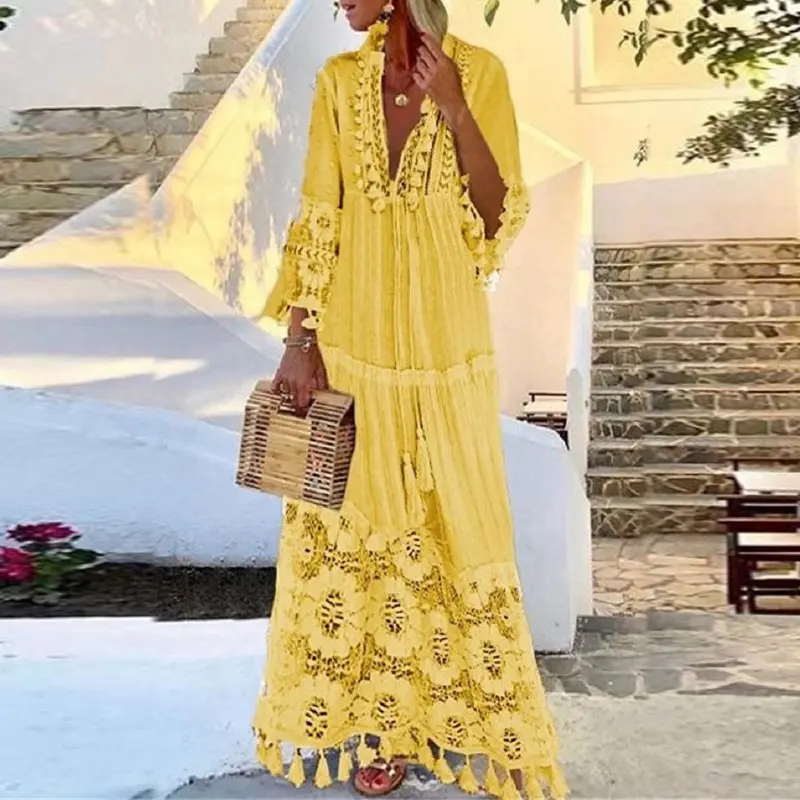Bohemian, new lace tassel splicing beach vacation temperament long dress dress floral formal longsleeves