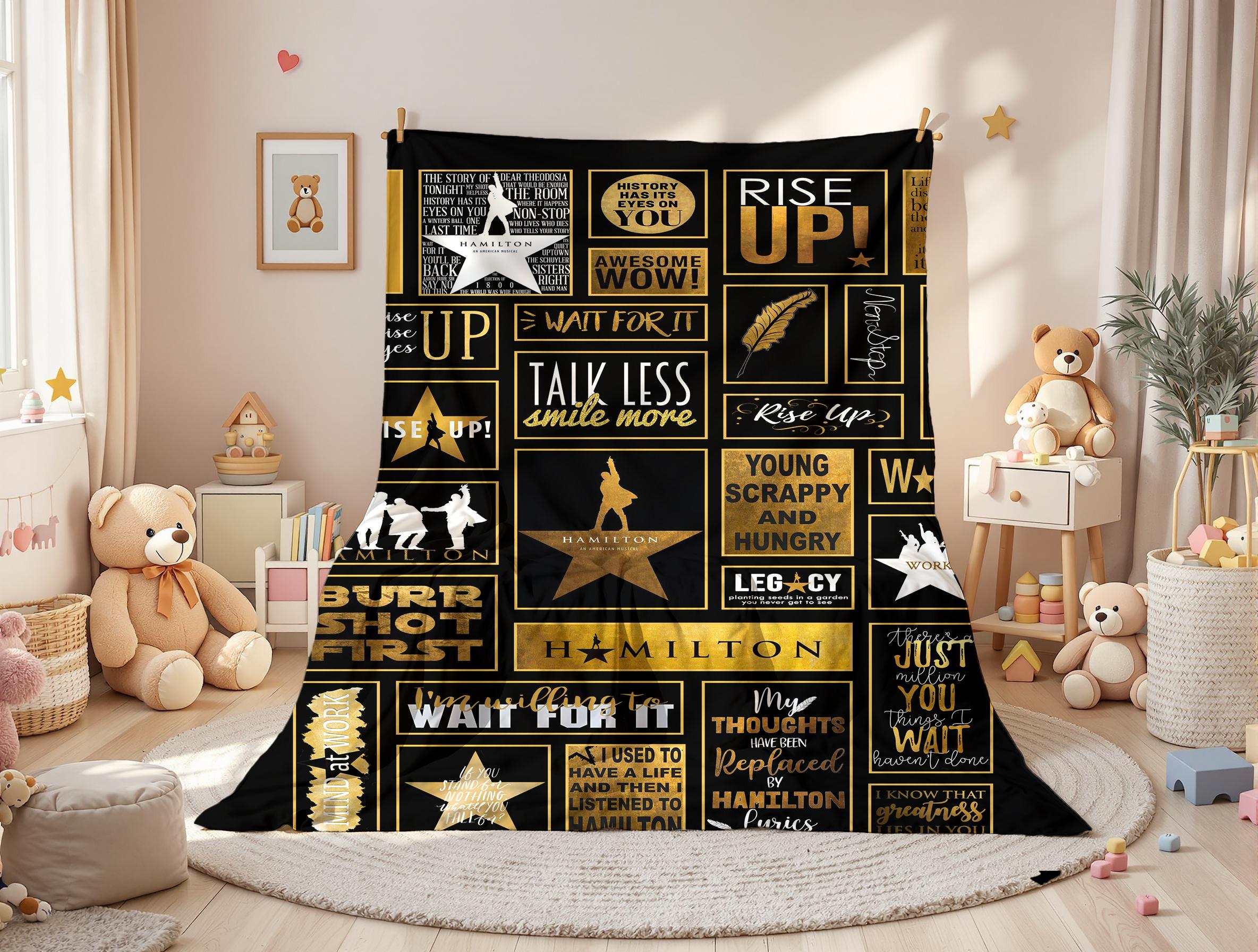 Hamilton Musical flannel blanket, ideal for bedrooms, sofas, and offices, featuring a logo patchwork pattern, suitable for all seasons.