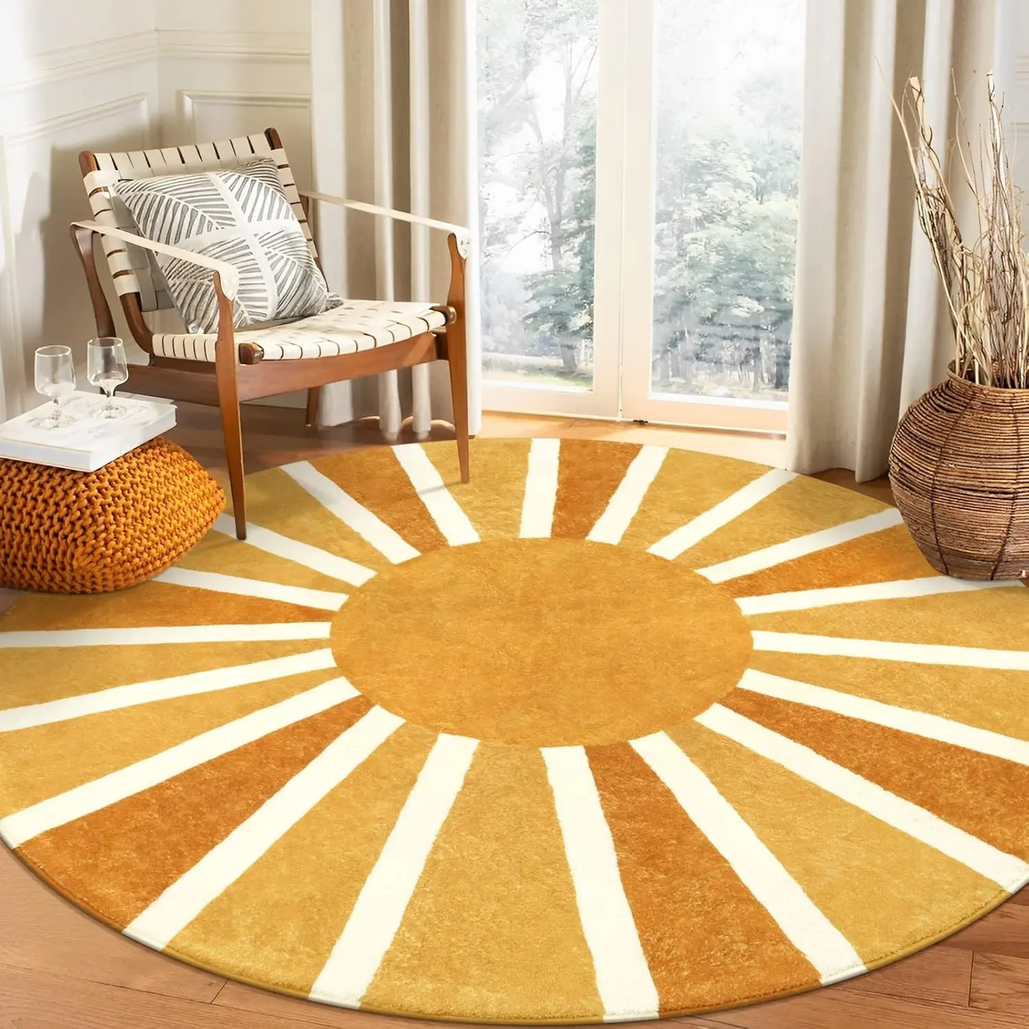 Boho Round Area Rug - 5Ft Machine Washable Soft Round Bedroom Rugs Non-Slip Throw Round Rugs for Living Room, Cute Rainbow Sun Print Circle Rugs for Office Dining Room Nursery Kids Classroom