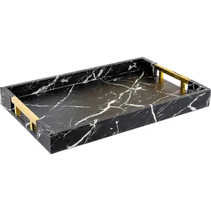 Home Redefined Modern Elegant 17.5"x12" Rectangle Black Marble Faux Leather Decorative Tray Ottoman Coffee Table Perfume Living Room Kitchen Serving Tray with Gold Polished Handles for All Occasion's
