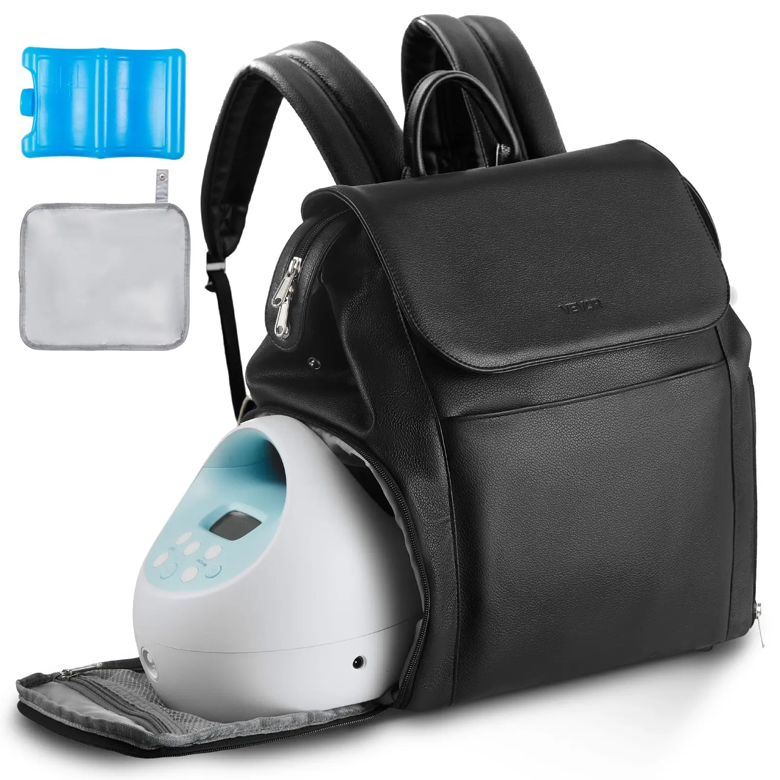 VEVOR Pu Leather Breast Pump Backpack with Ice Pack, Zipper Closure, Fits S1/S2 Models, Holds Pumping Accessories & Breastmilk Storage, Portable Tool Upgrade Carrying Case for Work & Travel