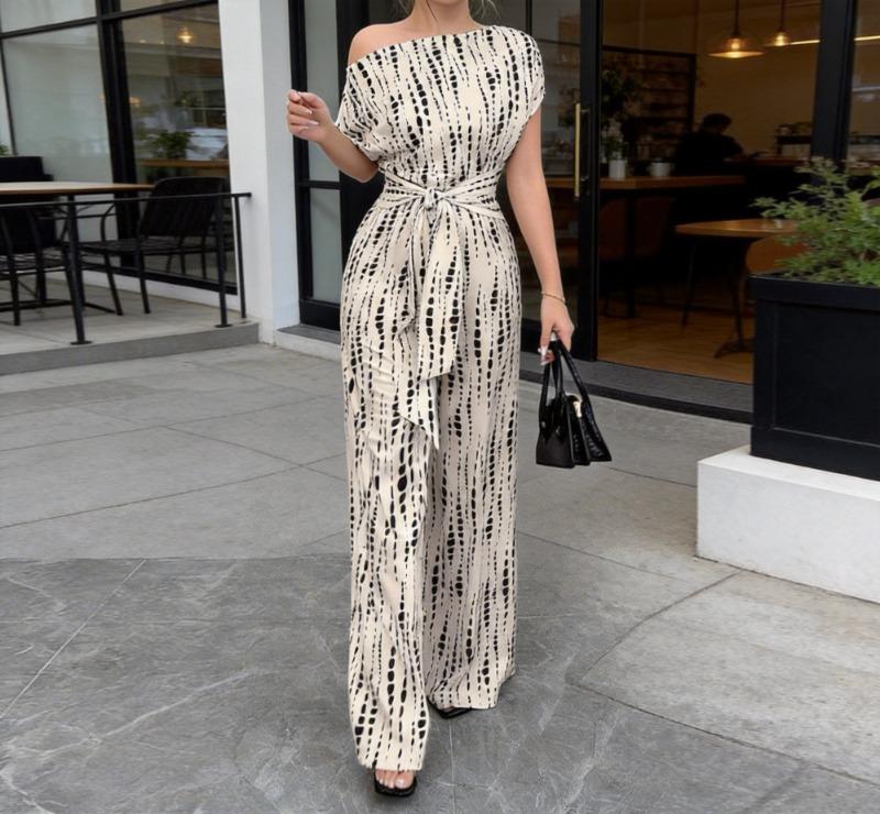 Women’s Striped One-Shoulder Jumpsuit – Tie Waist, Wide Leg, Flowy Summer Outfit