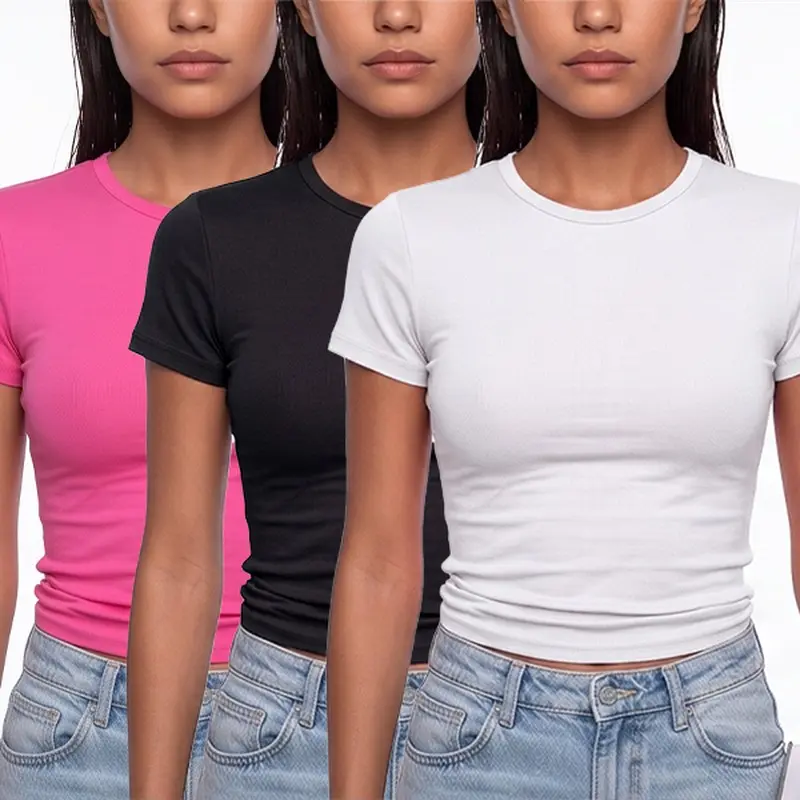 3-Pack Women's Cropped Fitted T-Shirts, Crew Neck Short Sleeve Going-Out Tops for Streetwear and Parties