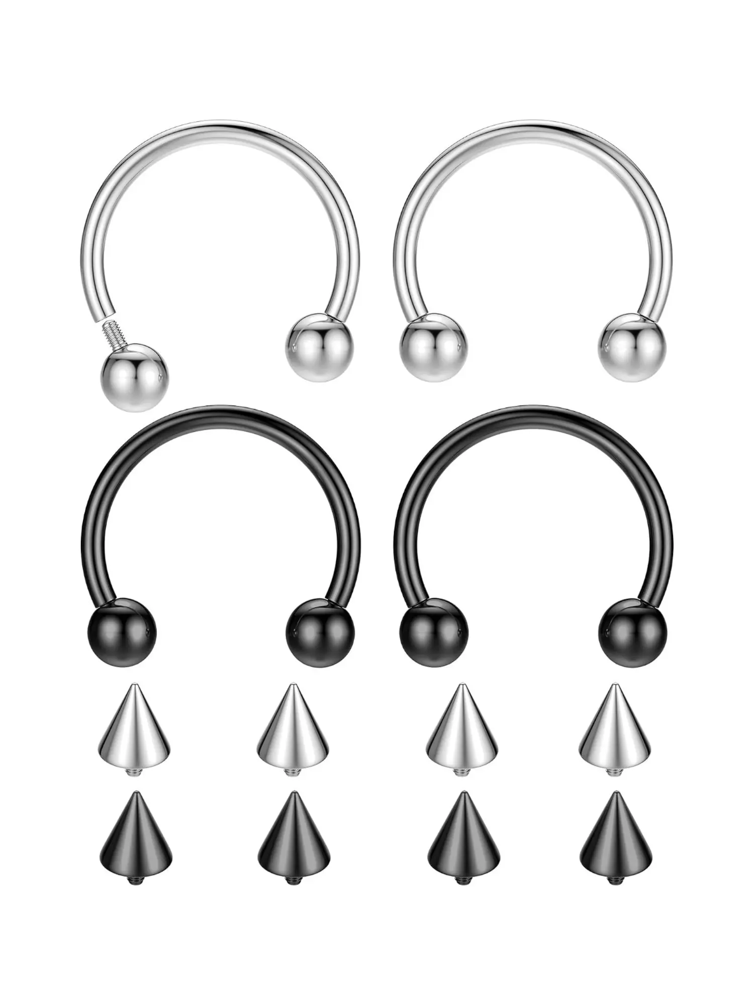 4 Pcs G23 Titanium Horseshoe Septum Piercing Rings Screw Curved Barbell Set with Replaceable Smooth Round Balls Sharp Cone Spikes for Unisex Multipurpose for Septum Nose Ear Cartilage Tragus Lip Piercings Minimal Punk Style Body Piercing Accessories