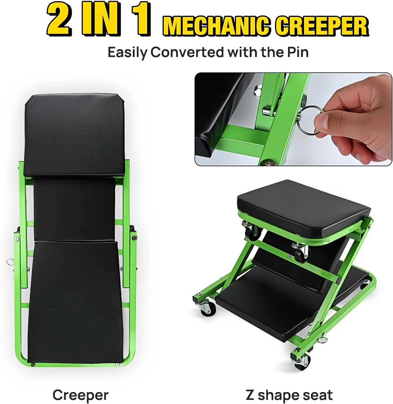 36"  - 2-in-1 Rolling Folding Car Seat, 36 inches Adjustable Roller Garage Chair Lay Down or Sit, 330LBS Capacity, Green Black