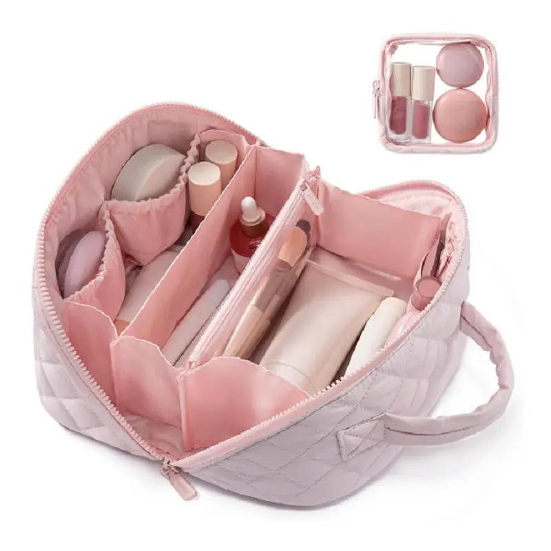Large Capacity Makeup Bag with Handle, Travel Cosmetic Storage Pouch, Portable Zipper Washbag, Plaid Pattern Washbag, Cosmetics Organizer, Makeup Organizer, Travel Cosmetic Bags, Travel Makeup Bags Organizers
