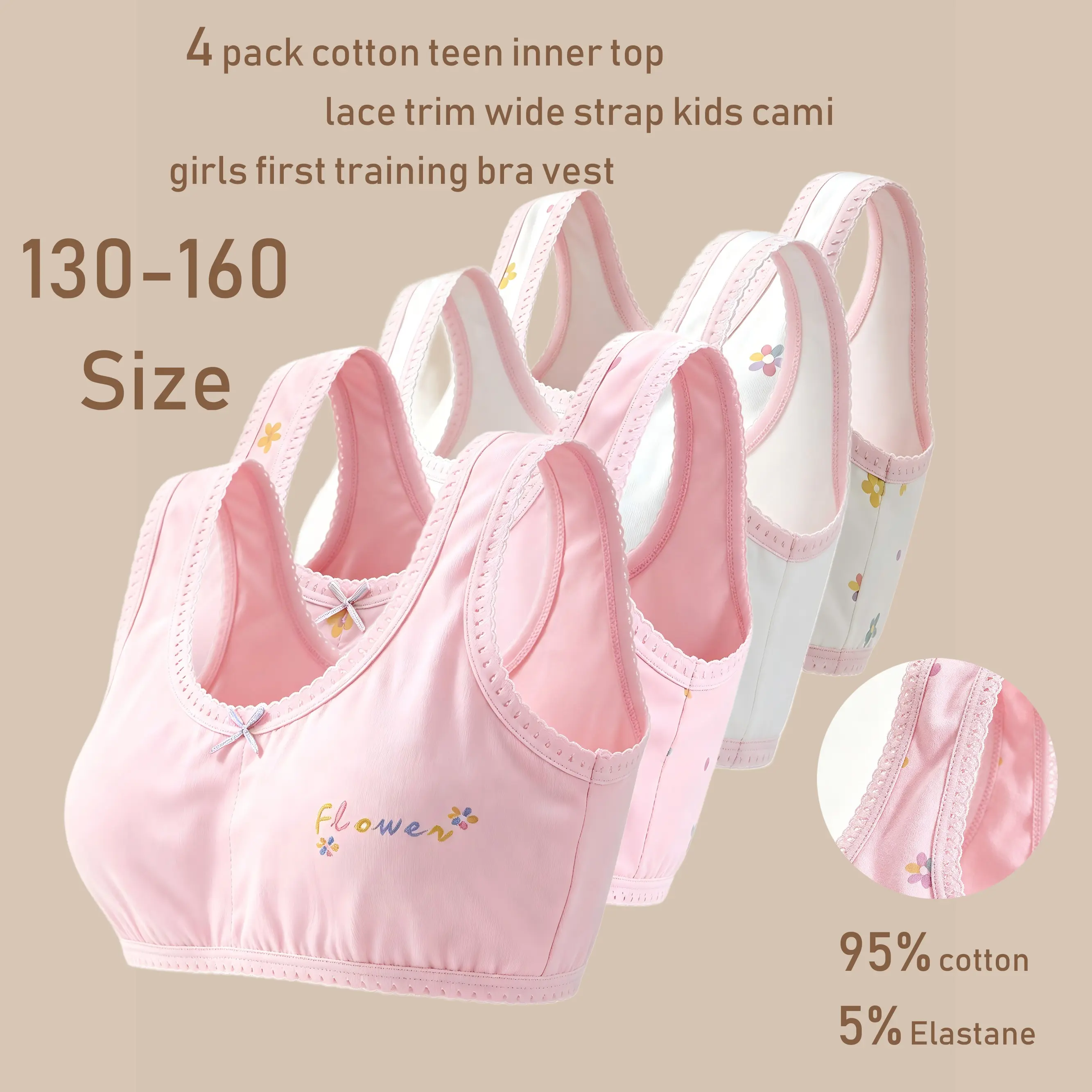 Girls' 4-Pack 95% Cotton Kid Tween Casual Bralettes - Lace Trim, Flower Print, Wide Strap, Colorful Underwear, Cool & Dry Wear, Puberty Cami Vest, Breathable Summer Youth Innerwear, Sizes 130-160, Tween Bras, Garment Underwear, Clothes, Training Bra, Flor