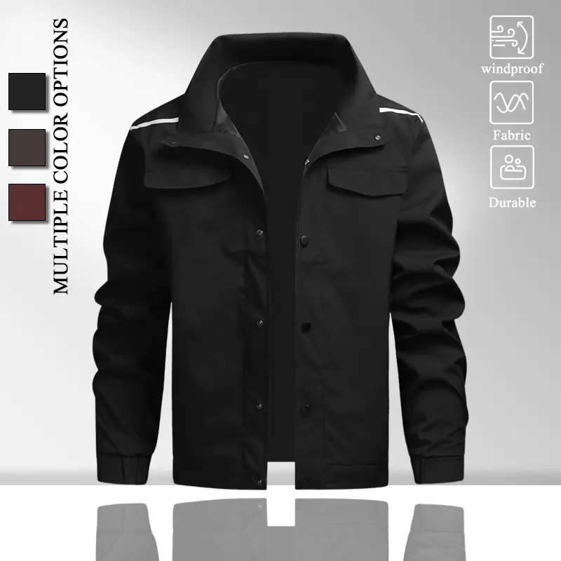 Men Lapel Collar Windproof Work Jacket, Shoulder White Line Splicing Button Down Casual Coat, Multi Chest Pocket Design Elastic Cuffs Light Shell Outerwear for Daily Commute Streetwear