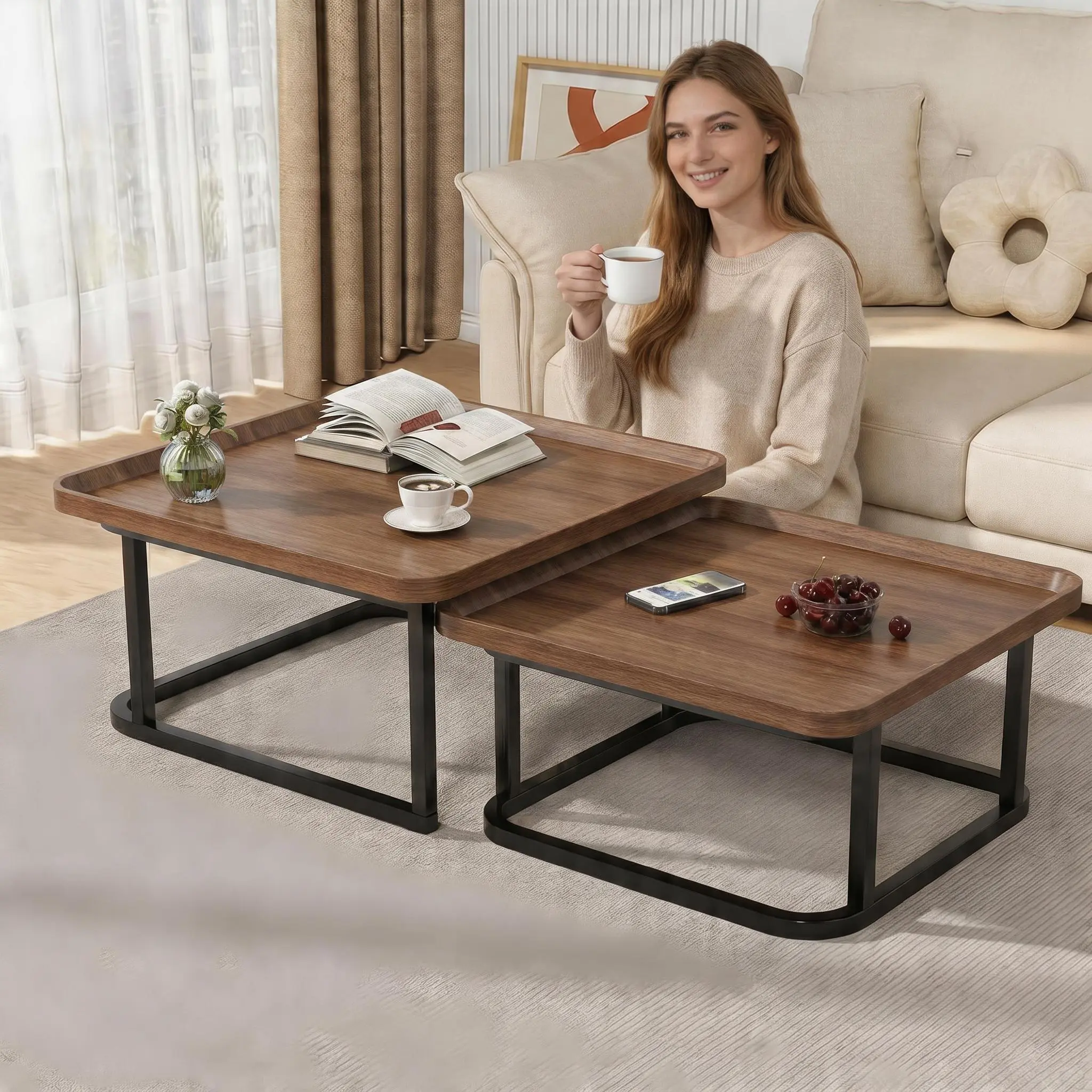 Set of 2 Square Nesting Coffee Tables for Living Room - Space-Saving Stackable Design - Small Side Tables for Apartments & Small Spaces