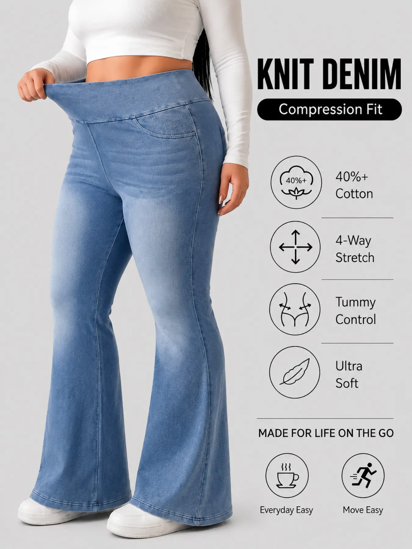 Plus Size High Waist High Waisted Denim Stretch Micro Flare Casual Pants, Belly Control Butt Lift Light Blue Wash Four Way Elastic Jean