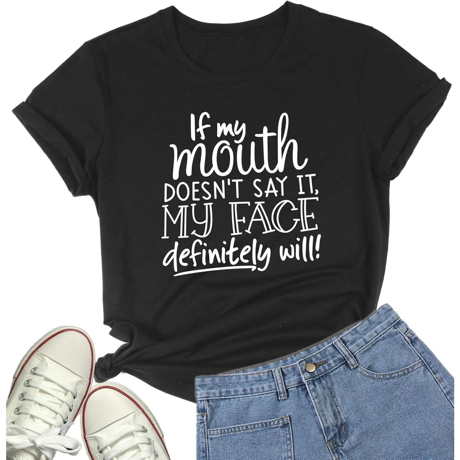 Women's Cotton Short-Sleeve T-Shirt, Comfortable Fashion Casual Top with Sarcastic "My Face Definitely Will" Sassy Quote, Shortsleeve, Print, Fits, Lady, Soft,clothes for back to school,first day of school outfits