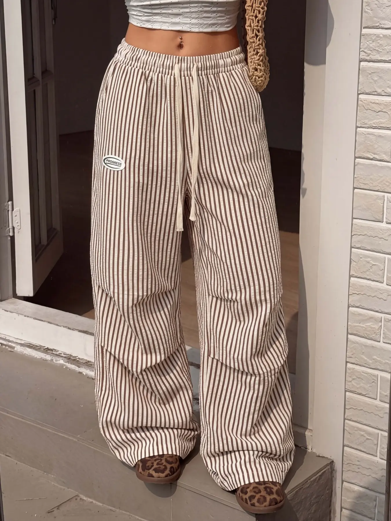 Women's Striped Baggy Wide Leg Pants, Bottoms, Casual Street Style Streetwear, Elastic Waist, Perfect for Daily Wear, School Season, Flattering Leg Shape