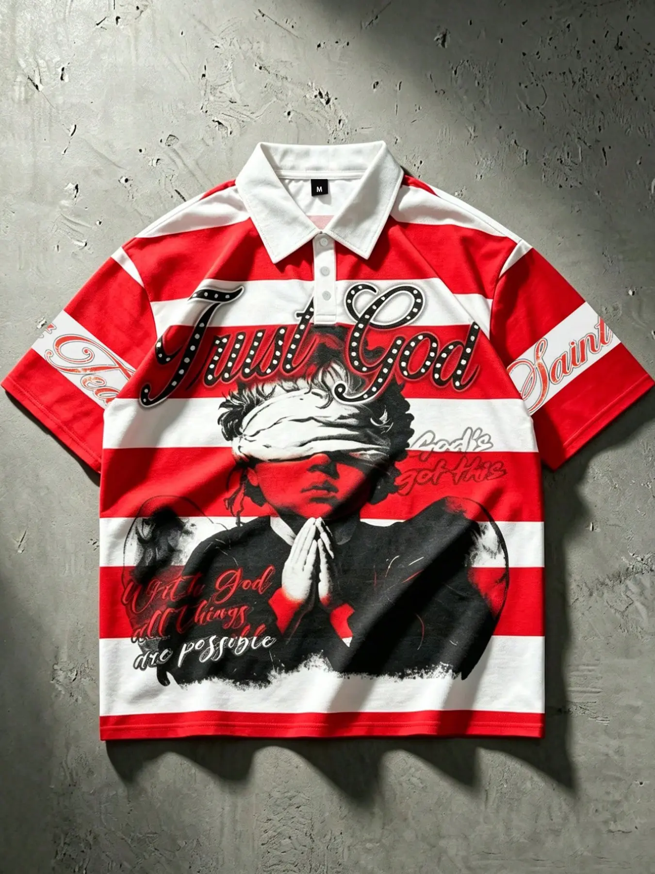 American Street Stripe Polo Men's Short Sleeve, Letter Print Loose Fit Retro Streetwear, Matching Couples T-Shirt for Back-To-School Style