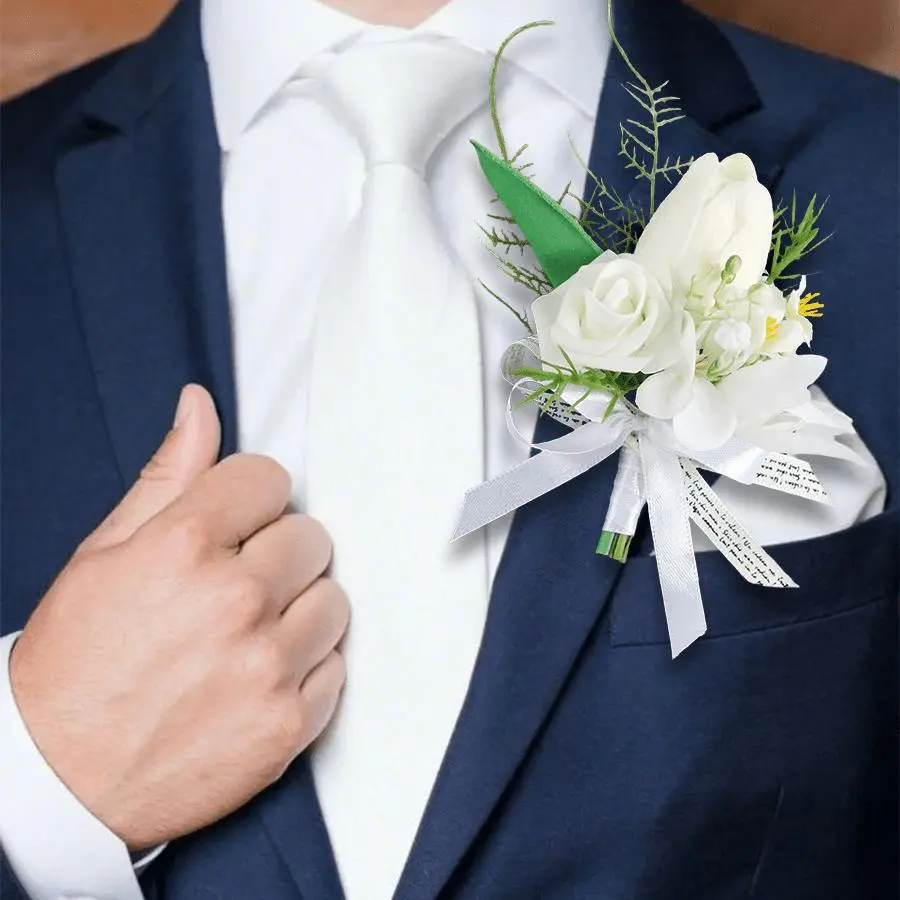 Wedding Supplies 2PCS Minimalist Plastic Artificial White Tulip Flowers Boutonniere & Groom Corsage with Secure Satin Ribbon Pins, Festive Party Decor